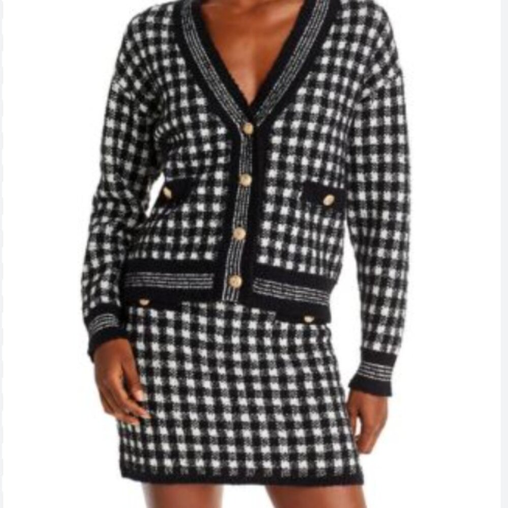 New AQUA Black and White Checkered Set: Cropped Cardigan and Mini Skirt. Size L.